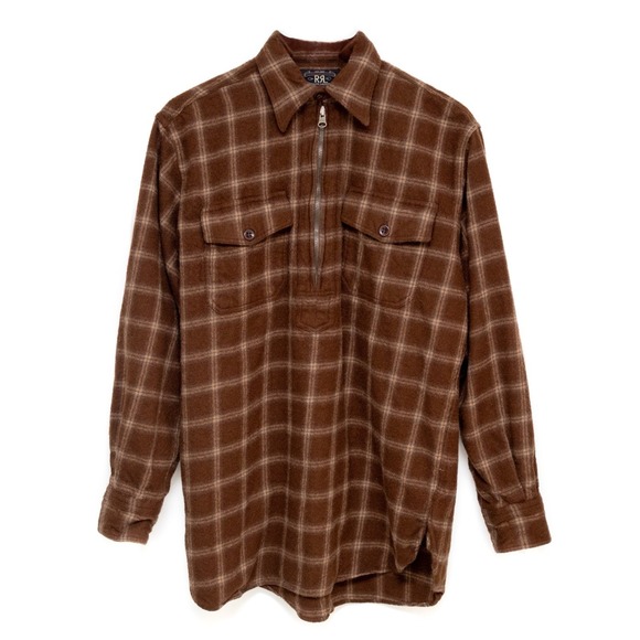 Double RRL Ralph Lauren‎ Brown Plaid Wool Half Zip Pullover Flannel Shirt Sz: M